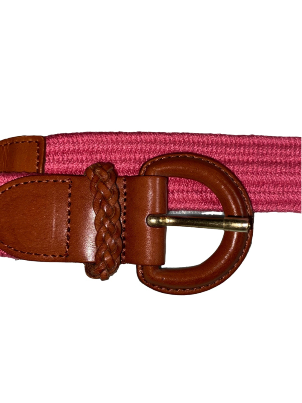Women's Talbots Belt One Size Pink Woven strap with Genuine Brown Leather Trim M - Picture 2 of 3